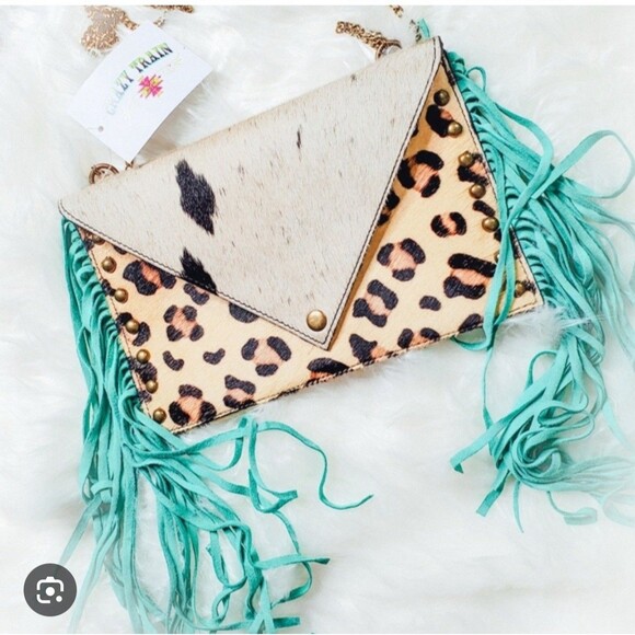 Crazy train Cowhide Leopard Suede Turquoise Fringe Crossbody - Picture 1 of 7